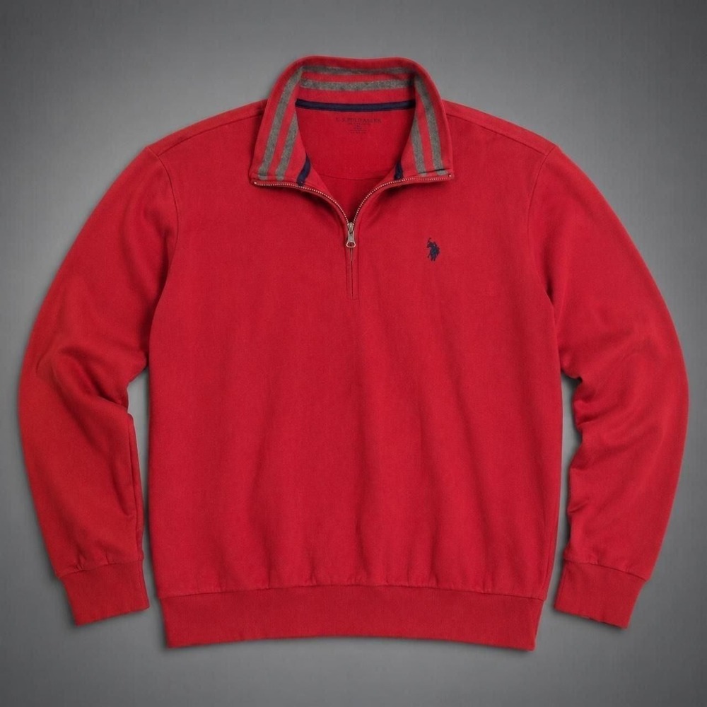 U.S. Polo Assn. Red Quarter-Zip Pullover Sweatshirt Mens XL Striped Collar